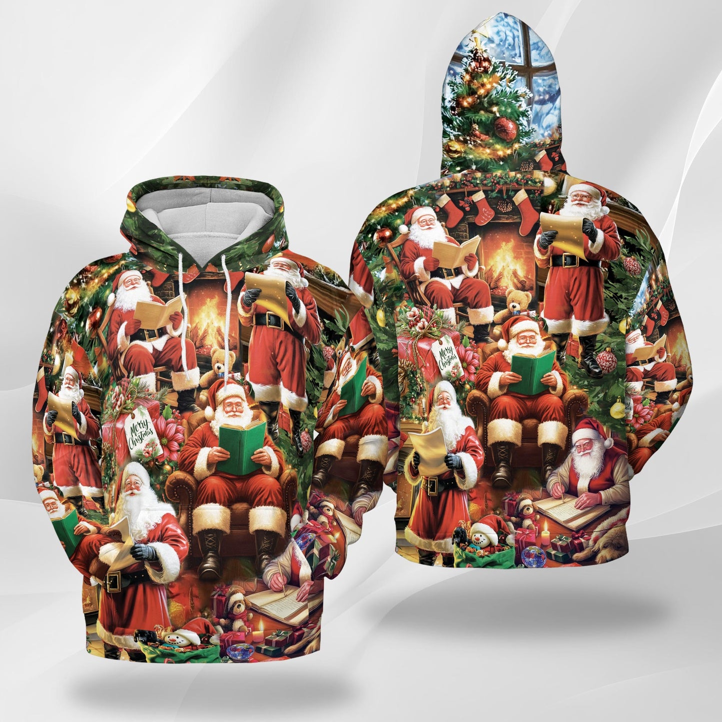 Netecom Santa Claus Reading Book Christmas Print Hoodie with Front Pocket, All Over Graphic Sweatshirt Unisex Casual