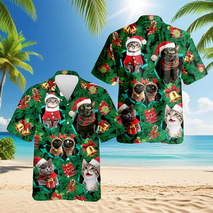 Netecom Christmas Cats Hawaiian Shirt for Men, Cute Kitten Holiday Print Button Down Summer Beach Short Sleeve Shirt, S-5XL