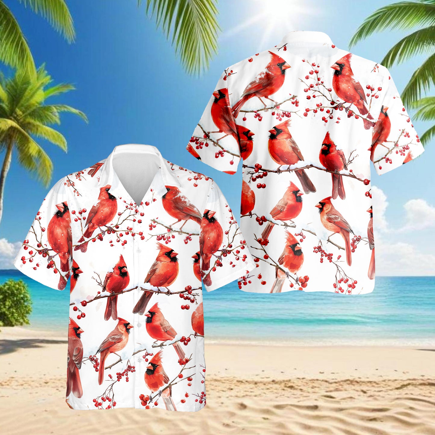 Netecom Snow Cardinal Hawaiian Shirt for Men, Bird Lover Gifts, Animal Button Down Summer Beach Short Sleeve Shirts