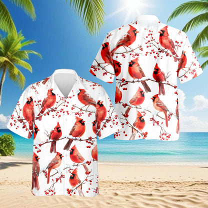 Netecom Snow Cardinal Hawaiian Shirt for Men, Bird Lover Gifts, Animal Button Down Summer Beach Short Sleeve Shirts