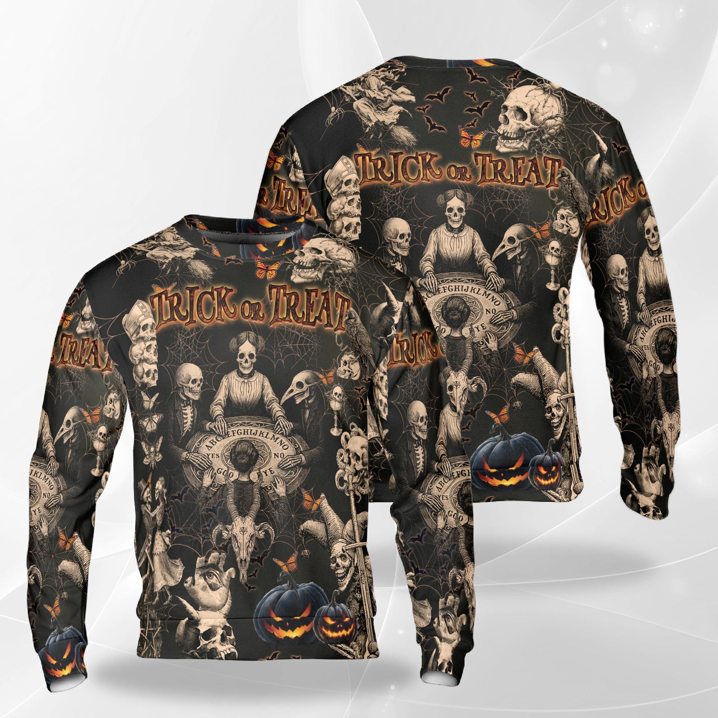 Netecom Halloween Skeleton Sweatshirt 3D All Over Print, Gothic Trick or Treat Design, Crewneck Pullover for Costume Party