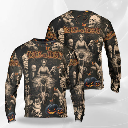Netecom Halloween Skeleton Sweatshirt 3D All Over Print, Gothic Trick or Treat Design, Crewneck Pullover for Costume Party