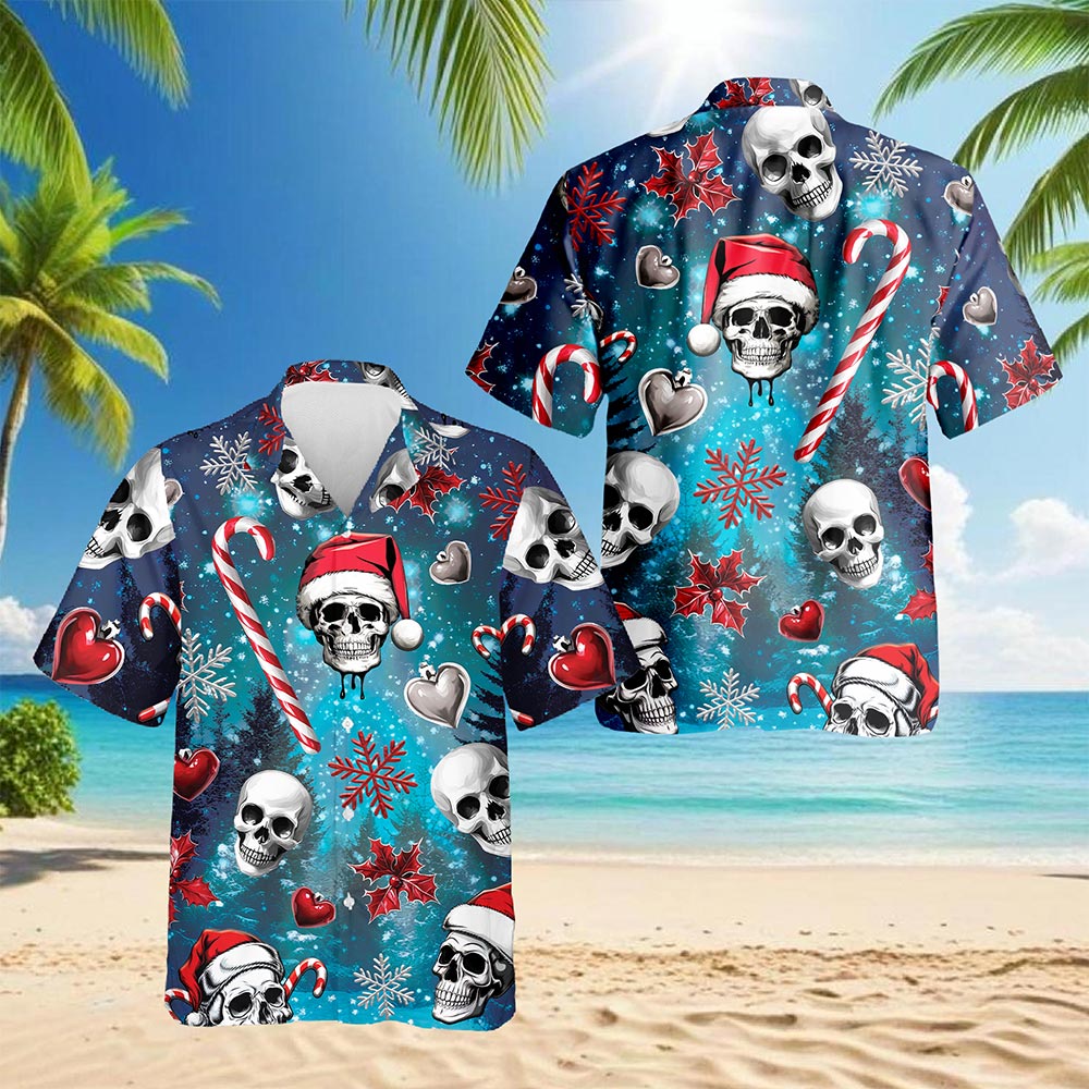 Netecom Skull Santa Christmas Hawaiian Shirt for Men Women, Gothic Button Down Summer Beach Shirts, S-5XL