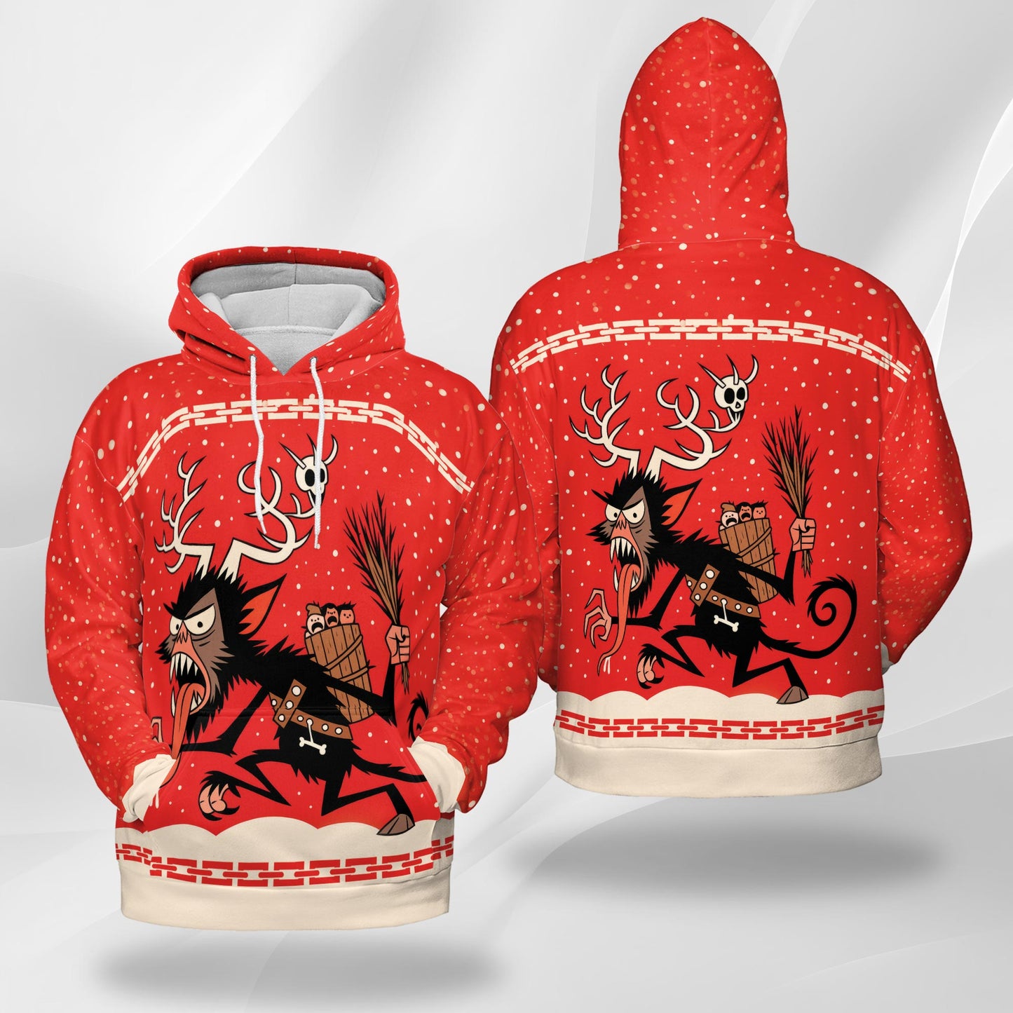 Netecom Krampus Christmas Print Hoodie with Front Pocket, All Over Demon Santa Graphic Sweatshirt Unisex Casual