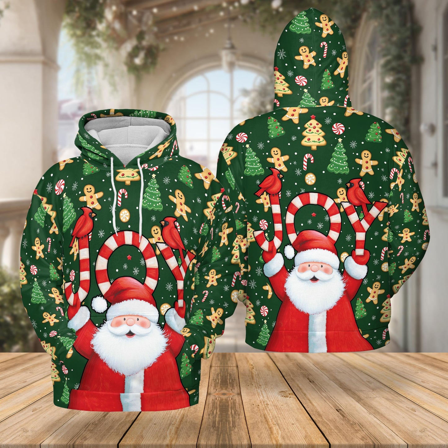 Netecom Santa Claus Joy Christmas 3D Hoodie with Front Pocket, Unisex Casual All Over Gingerbread Graphic Sweatshirt