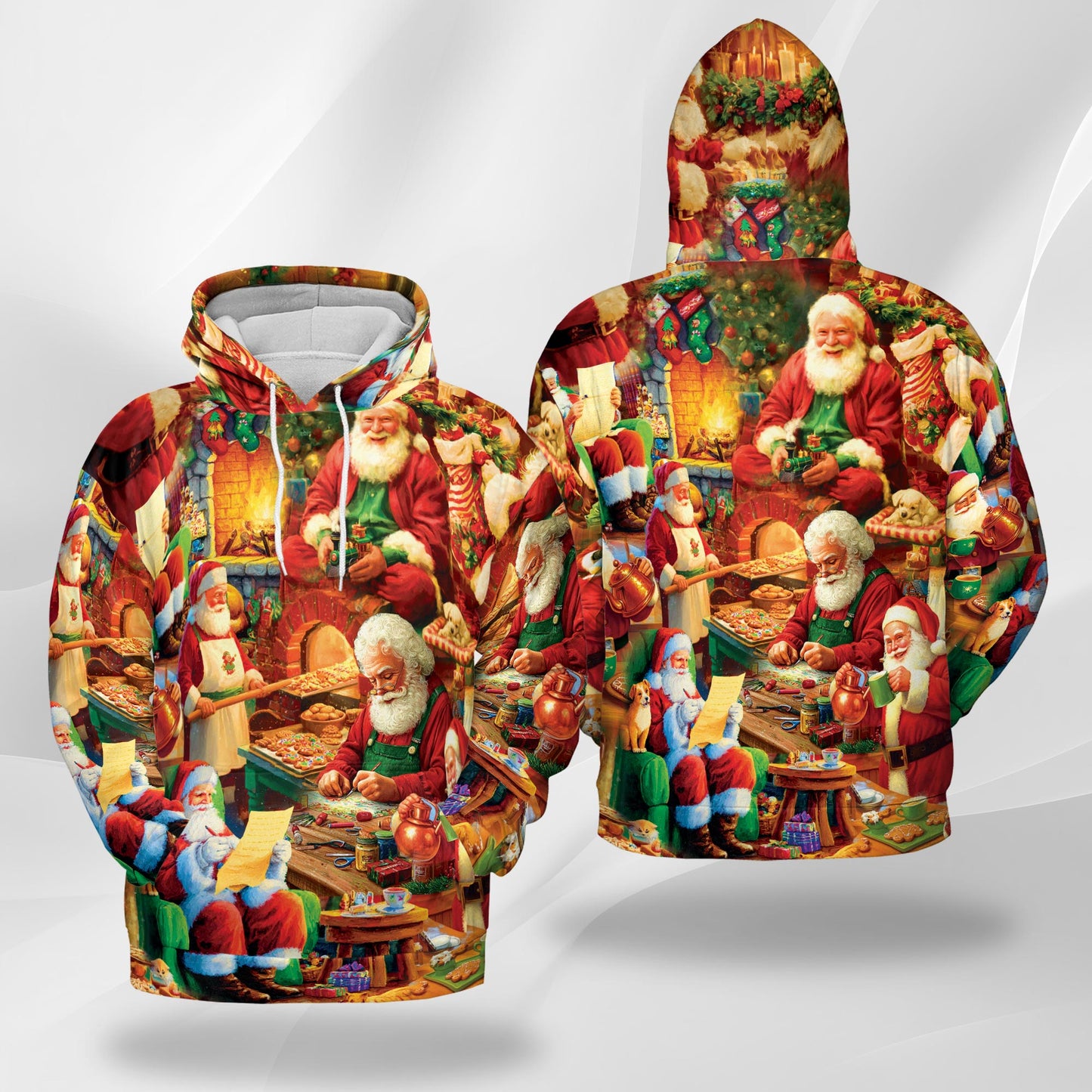 Netecom Santa Claus Workshop Christmas Print Hoodie with Front Pocket, All Over Graphic Sweatshirt Unisex Casual