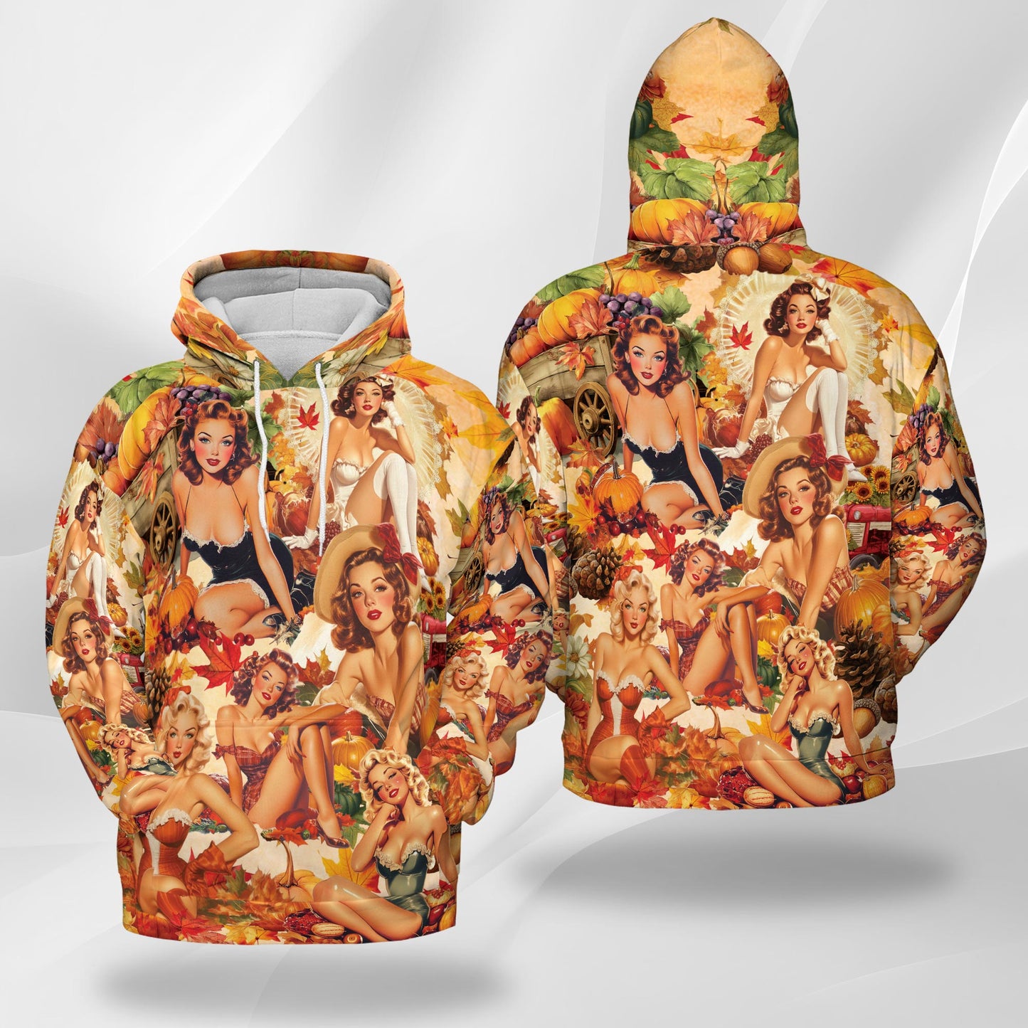 Netecom Fall Pin Up Girl Print Hoodie with Front Pocket, All Over Vintage Autumn Babe Graphic Sweatshirt Unisex Casual
