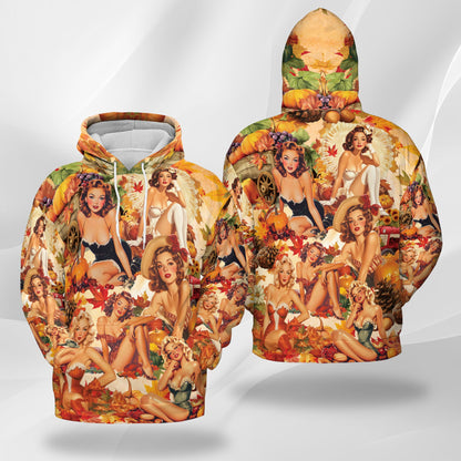 Netecom Fall Pin Up Girl Print Hoodie with Front Pocket, All Over Vintage Autumn Babe Graphic Sweatshirt Unisex Casual