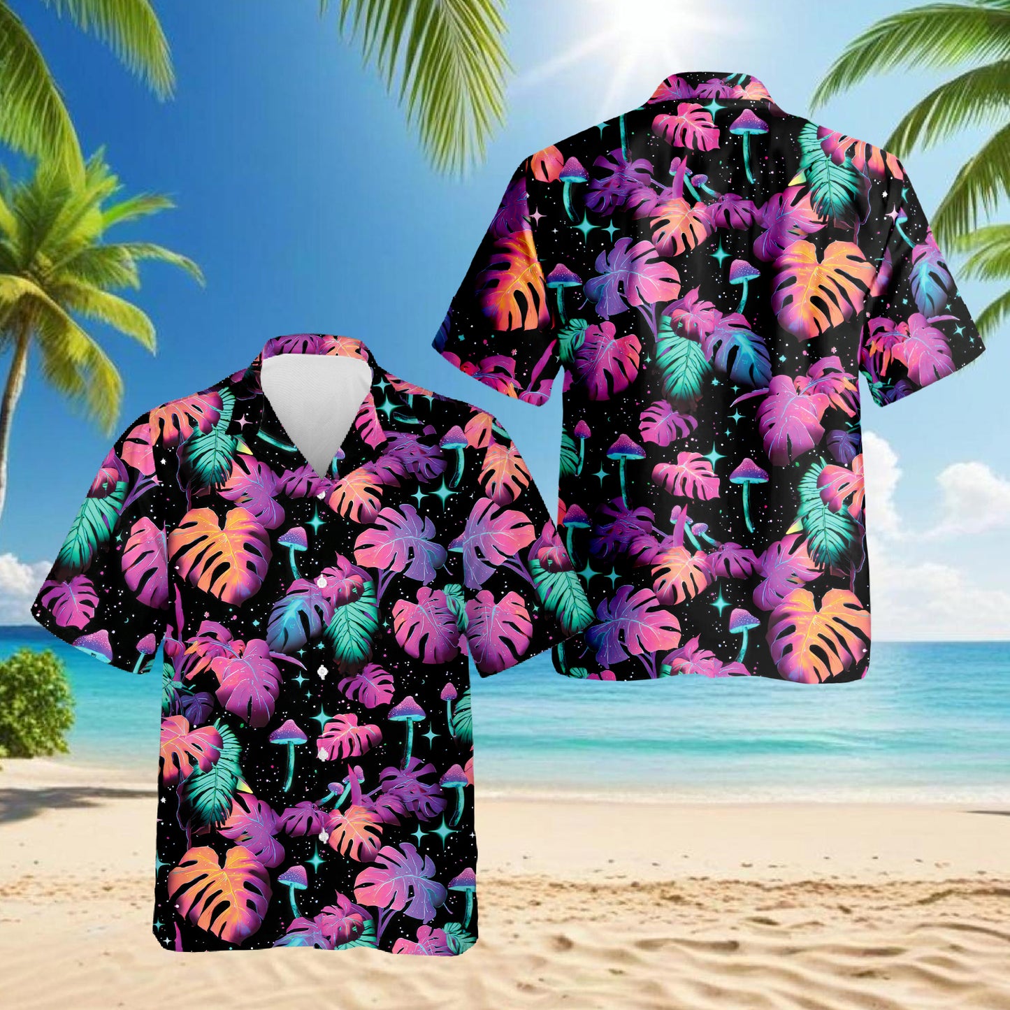 Netecom Tropical Neon Mushroom Hawaiian Shirt for Men, Fungi Lover Gifts, Botanical Button Down Summer Beach Shirts