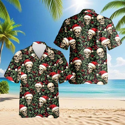 Netecom Skull Santa Hat Christmas Hawaiian Shirt for Men, Gothic Holiday Button Down Summer Beach Short Sleeve Shirts, S-5XL