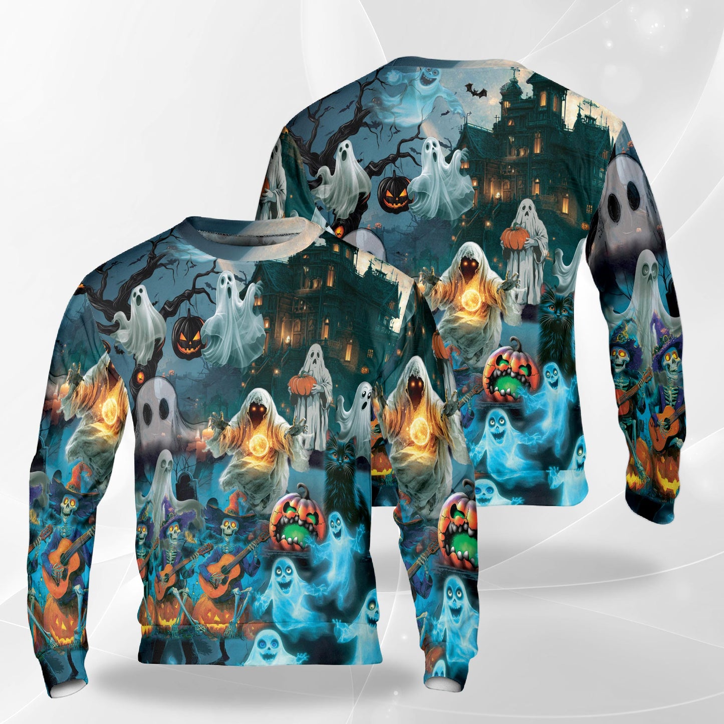 Netecom Halloween Ghost Sweatshirt 3D All Over Print, Haunted House Spooky Design, Crewneck Pullover for Costume Party