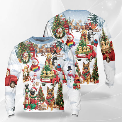 Netecom Funny Christmas Dogs in Snow Sweatshirt 3D All Over Print, Puppy Lover Gifts, Crewneck Pullover for Costume Party