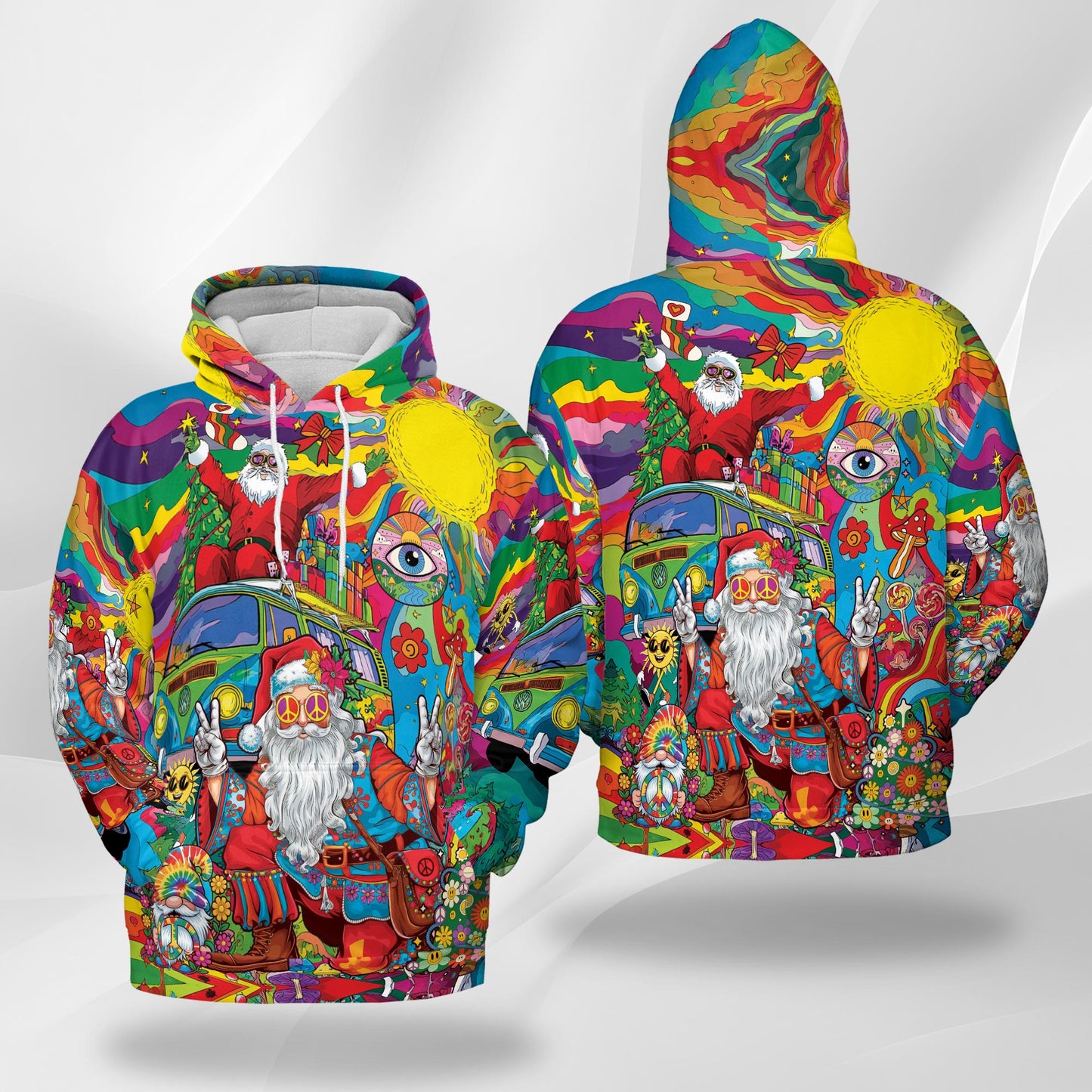 Netecom Hippie Santa Claus Print Hoodie with Front Pocket, All Over Funny Christmas Holiday Graphic Sweatshirt Unisex Casual