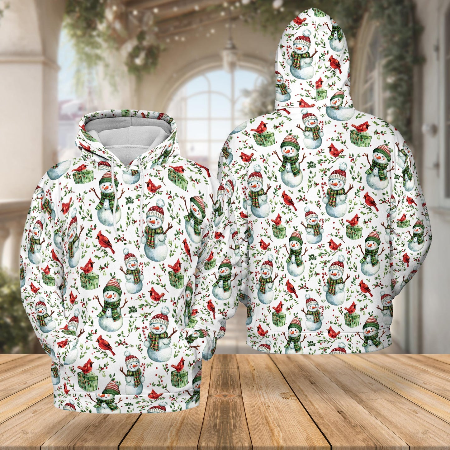 Netecom Snowman and Red Cardinal Christmas 3D Hoodie with Front Pocket, Unisex Casual All Over Graphic Sweatshirt
