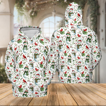 Netecom Snowman and Red Cardinal Christmas 3D Hoodie with Front Pocket, Unisex Casual All Over Graphic Sweatshirt