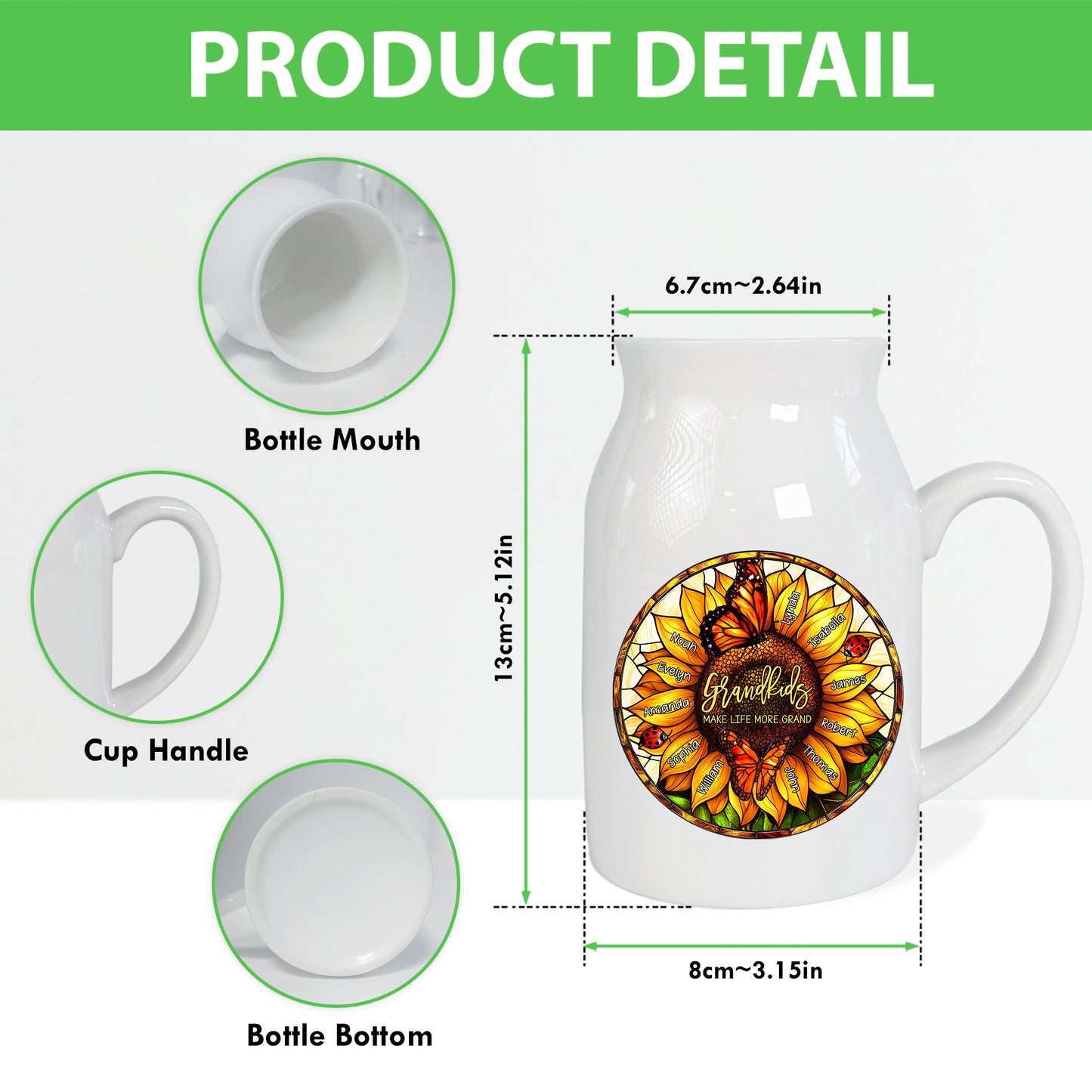 Netecom Personalized Sunflower Ceramic Jug Mug , Custom Grandkids Names and Stained Glass Flower Print , Unique Christmas or Mother's Day Gift for Grandma