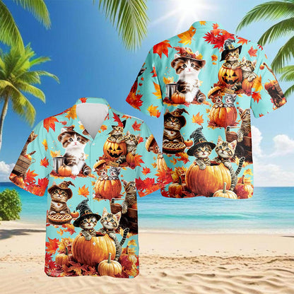 Netecom Cat Pumpkin Hawaiian Shirt for Men, Cute Kitten Halloween Holiday Button Down Summer Beach Short Sleeve Shirt, S-5XL