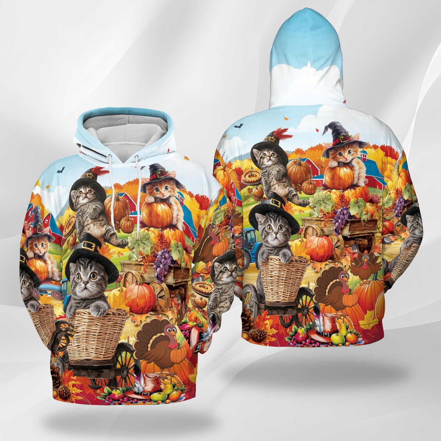 Netecom Thanksgiving Cat Print Hoodie with Front Pocket, All Over Happy Turkey Day Graphic Sweatshirt Unisex Casual