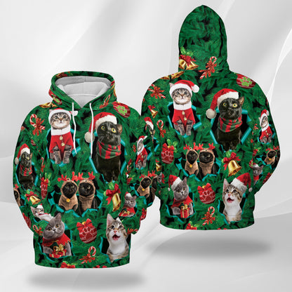 Netecom Christmas Cats Print Hoodie with Front Pocket, All Over Cute Kitten Holiday Graphic Sweatshirt Unisex Casual