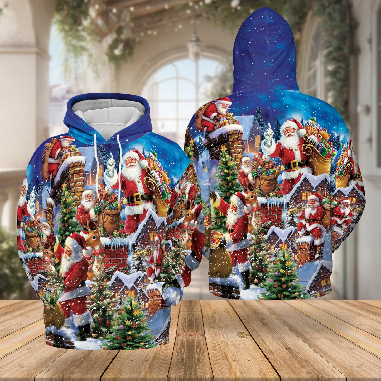 Netecom Christmas Rooftop Santa Claus 3D Hoodie with Front Pocket, Unisex Casual All Over Graphic Sweatshirt