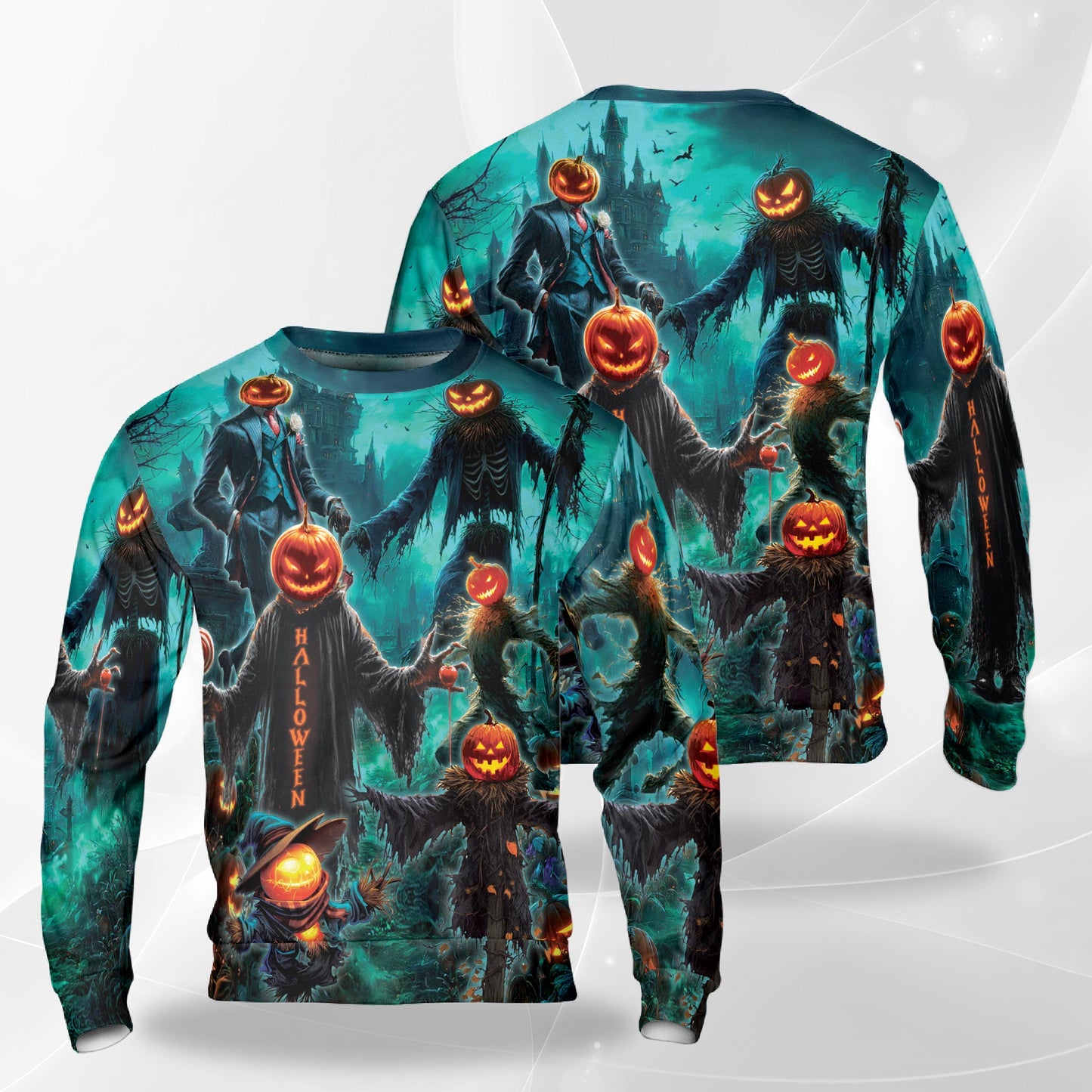 Netecom Halloween Pumpkin Scarecrow Sweatshirt 3D All Over Print, Haunted House Design, Crewneck Pullover for Costume Party
