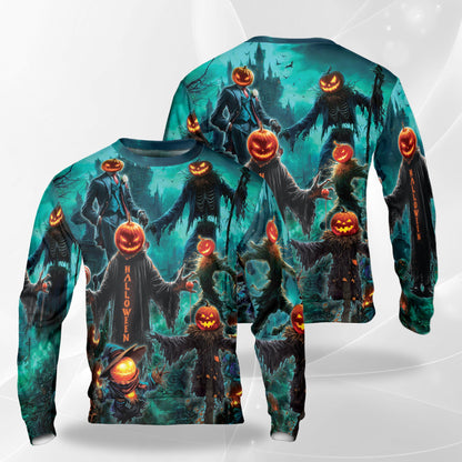 Netecom Halloween Pumpkin Scarecrow Sweatshirt 3D All Over Print, Haunted House Design, Crewneck Pullover for Costume Party