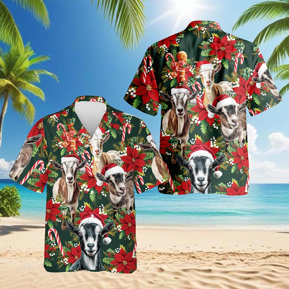 Netecom Funny Goat Christmas Hawaiian Shirt, Farm Animal Holiday Print Button Down Summer Beach Short Sleeve Shirt, S-5XL