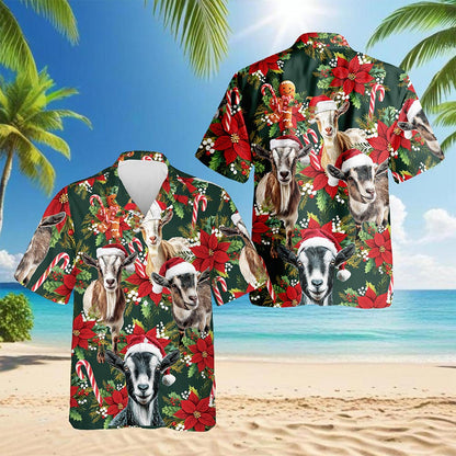 Netecom Funny Goat Christmas Hawaiian Shirt, Farm Animal Holiday Print Button Down Summer Beach Short Sleeve Shirt, S-5XL
