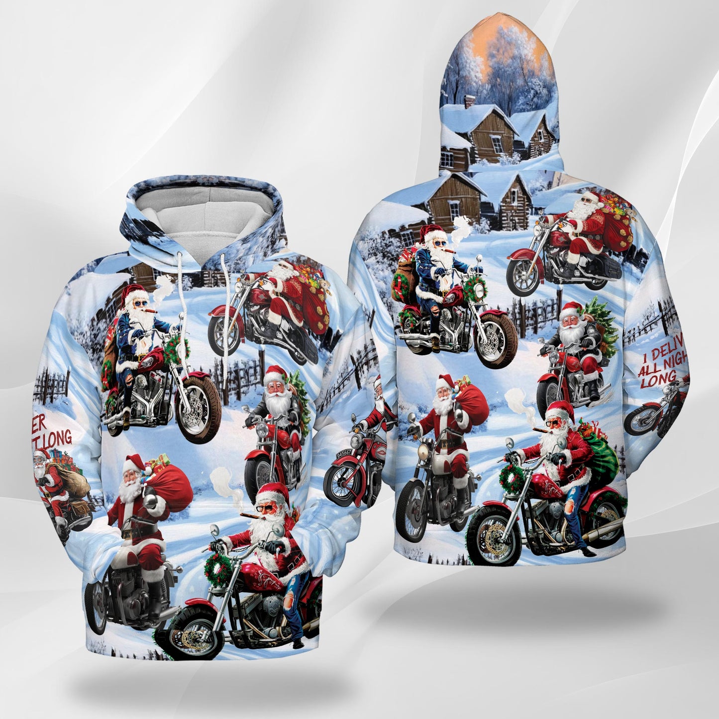 Netecom Santa Claus Motorcycle Christmas Print Hoodie with Front Pocket, All Over Graphic Winter Snow Sweatshirt Unisex Casual