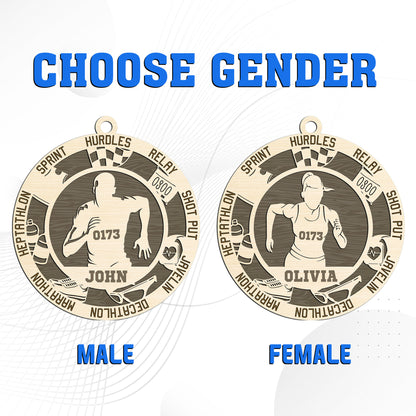Netecom Track & Field Player Ornament – Personalized Wooden Decoration with Name & Athletic Terms
