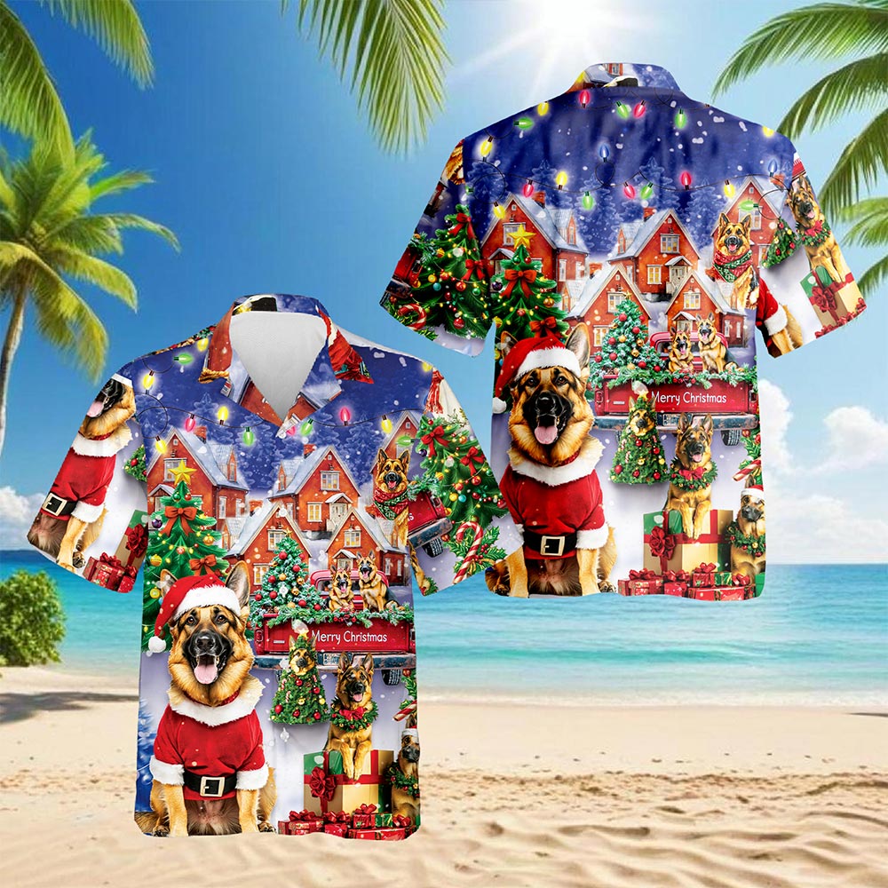 Netecom German Shepherd Christmas Hawaiian Shirt for Men, Festive Dog Holiday Print Button Down Summer Beach Shirt, S-5XL