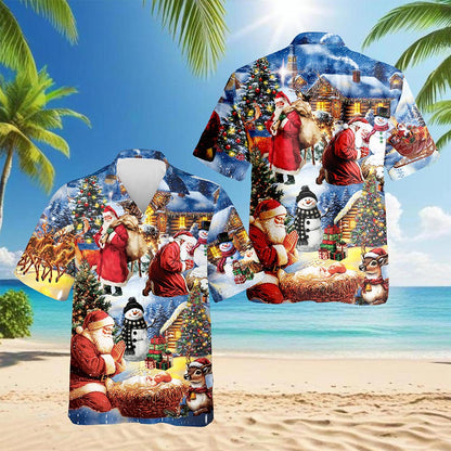 Netecom Christmas Nativity Hawaiian Shirt, Santa Claus Jesus Holiday  Button Down Summer Beach Short Sleeve Shirts, S-5XL
