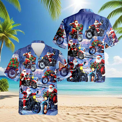 Netecom Santa Claus Riding Motorcycle Hawaiian Shirt for Men, Funny Christmas Biker Button Down Summer Beach Shirt, S-5XL