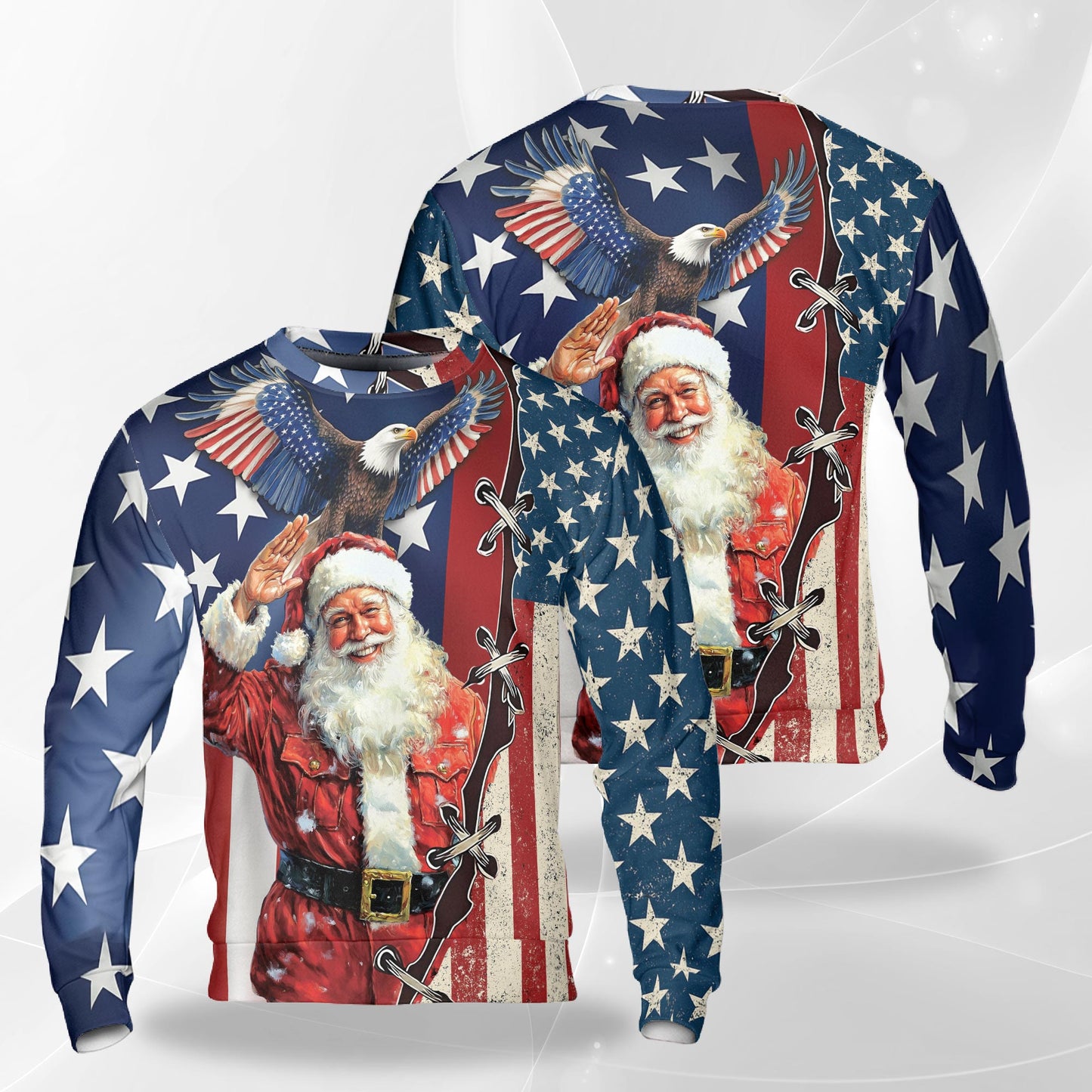 Netecom Christmas Santa Clause Sweatshirt 3D All Over Print, Patriotic USA Flag Design, Crewneck Pullover for Costume Party