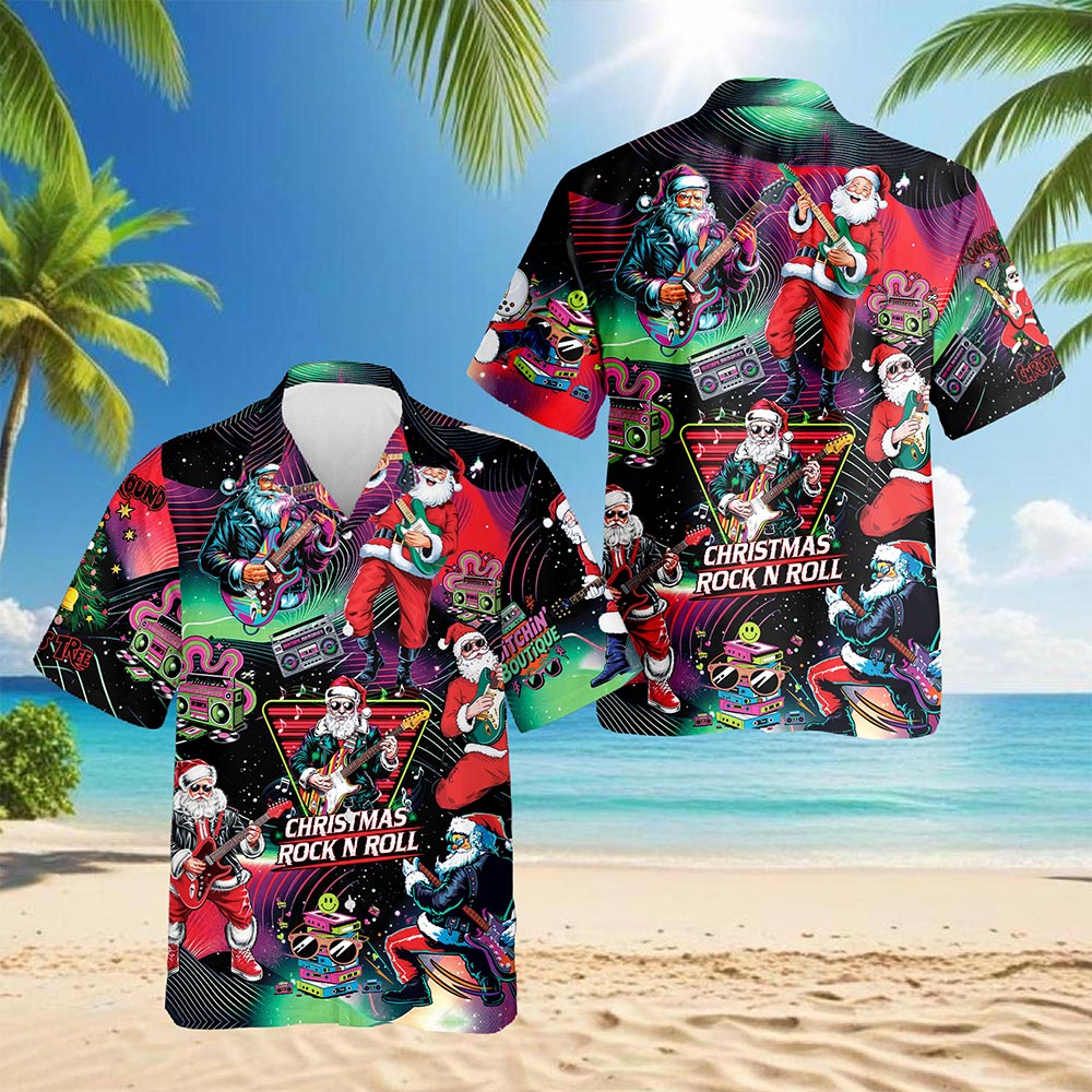 Netecom Santa Claus Rock Guitar Christmas Hawaiian Shirt for Men, Retro Music Holiday Button Down Summer Beach Shirt, S-5XL