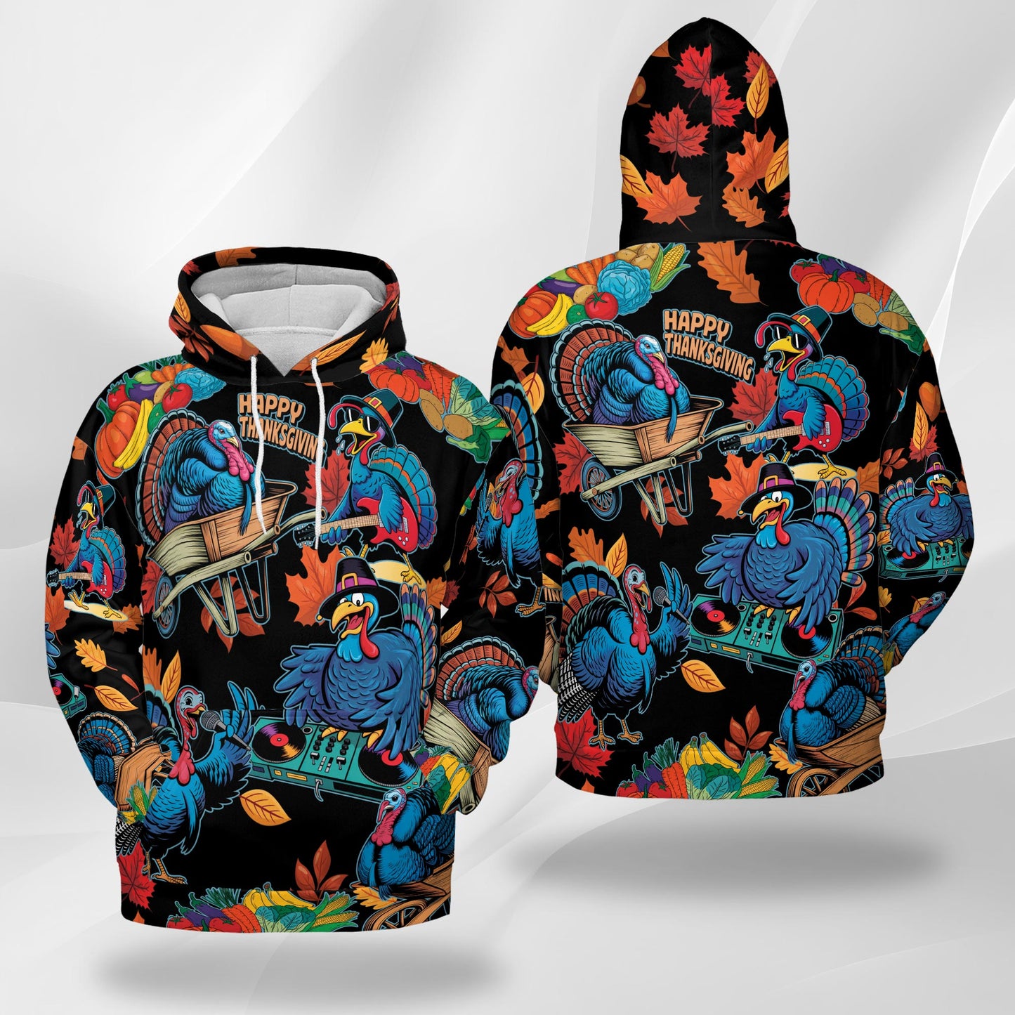 Netecom Happy Turkey Day Print Hoodie with Front Pocket, All Over Thanksgiving Turkey Music Graphic Sweatshirt Unisex Casual
