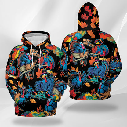 Netecom Happy Turkey Day Print Hoodie with Front Pocket, All Over Thanksgiving Turkey Music Graphic Sweatshirt Unisex Casual