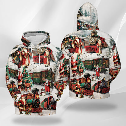 Netecom Vintage Christmas Train Print Hoodie with Front Pocket, All Over Old-Fashioned Graphic Sweatshirt Unisex Casual