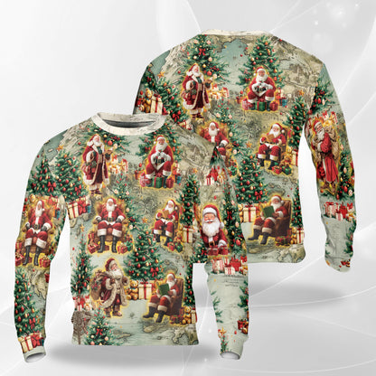 Netecom Santa Clause Christmas Sweatshirt 3D All Over Print , Vintage Holiday Map, Crewneck Pullover for Costume Party