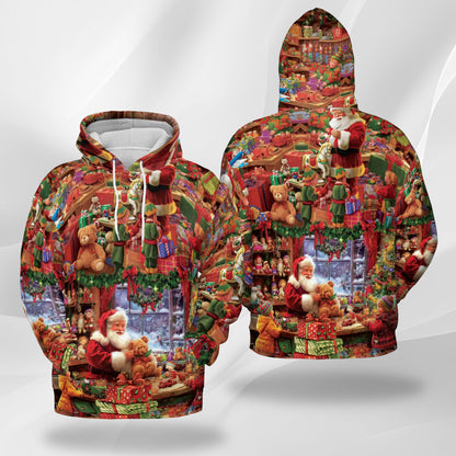 Netecom Santa Claus Workshop Print Hoodie with Front Pocket, All Over Festive Christmas Graphic Sweatshirt Unisex Casual