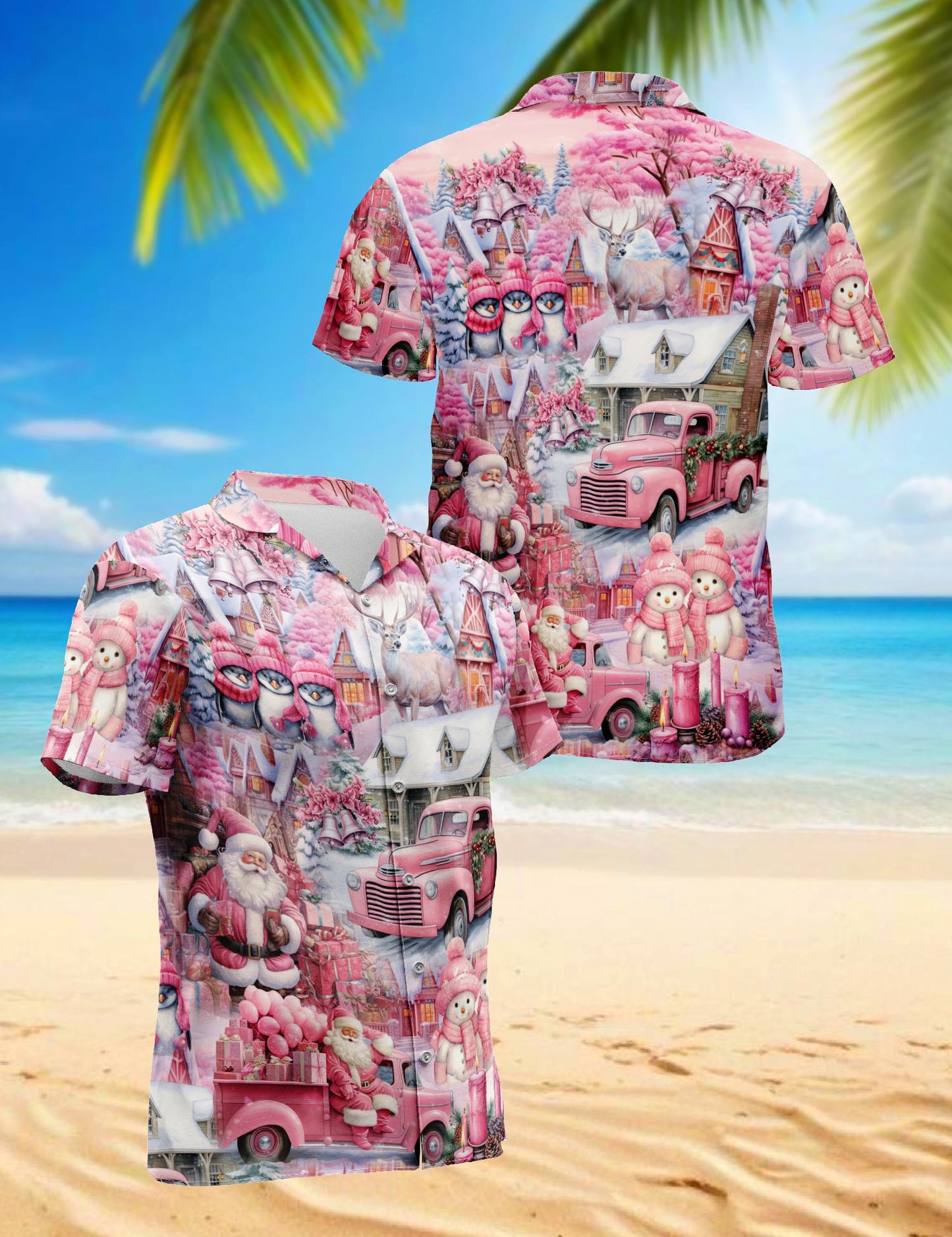 Netecom Pink Christmas Santa Claus Hawaiian Shirt for Men, Cute Holiday Village Print Button Down Summer Beach Shirt, S-5XL