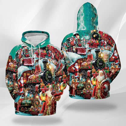 Netecom Santa Claus Christmas Train Print Hoodie with Front Pocket, All Over Vintage Holiday Graphic Sweatshirt Unisex Casual
