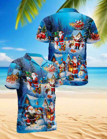 Netecom Funny Santa and Snowman Hawaiian Shirt, Musical Christmas Village Gift Button Down Short Sleeve Shirt, S-5XL