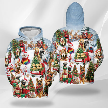 Netecom Christmas Dogs Print Hoodie with Front Pocket, All Over Cute Pet Holiday Graphic Sweatshirt Unisex Casual