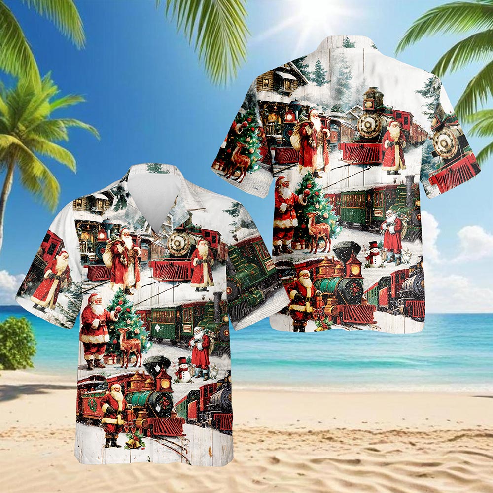 Netecom Vintage Christmas Train Hawaiian Shirt, Old-Fashioned Holiday Santa Button Down Summer Beach Short Sleeve Shirt, S-5XL