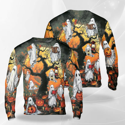 Netecom Halloween Ghost Pumpkin Sweatshirt 3D All Over Print, Spooky Night Outfit, Crewneck Pullover for Costume Party