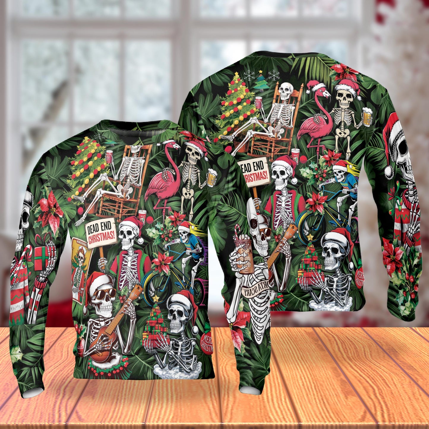 Netecom Santa Skeleton Ugly Christmas Sweatshirt 3D All Over Print – Unisex Crewneck Pullover, Lightweight Fleece Casual Outfit