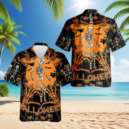 Netecom Dancing Ghost Halloween Hawaiian Shirt for Men, Scary Dancing Skeleton Button Down Summer Beach Shirts