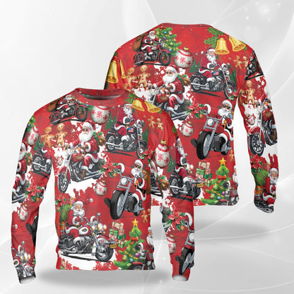 Netecom Santa Clause Riding Motorcycle Sweatshirt 3D All Over Print, Funny Festive Design, Crewneck Pullover for Costume Party