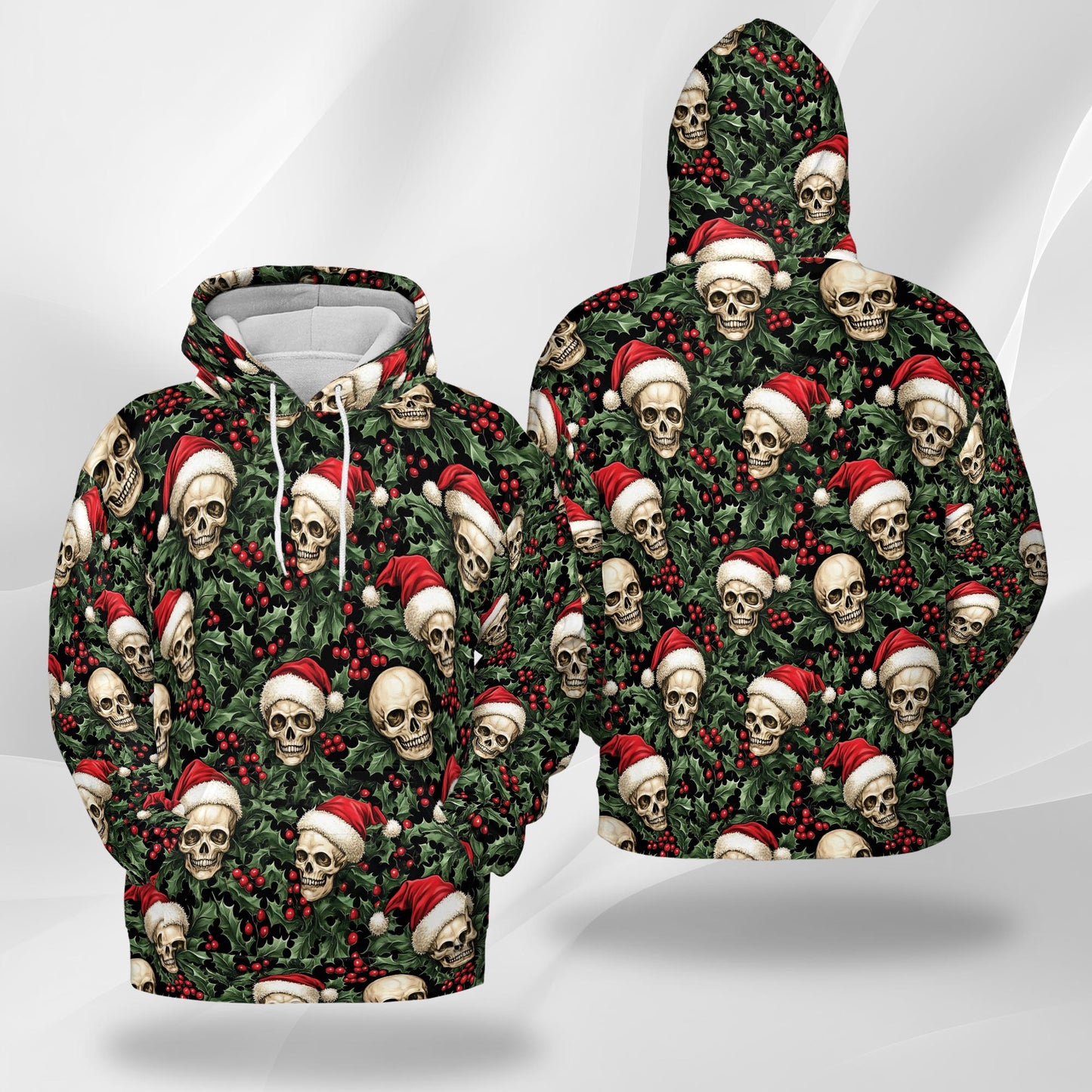 Netecom Skull Santa Hat Christmas Print Hoodie with Front Pocket, All Over Gothic Graphic Sweatshirt Unisex Casual